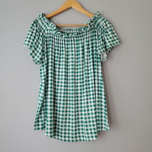 Signature Studio Green White Gingham Off The Shoulder Short Sleeve Top Womens XL - Picture 8 of 8